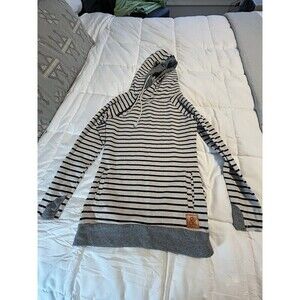 Ampersand Avenue Double Hooded Sweatshirt Women Medium Gray Black Stripe Pockets